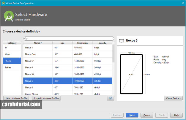 Select Hardware Android Virtual Device (AVD)