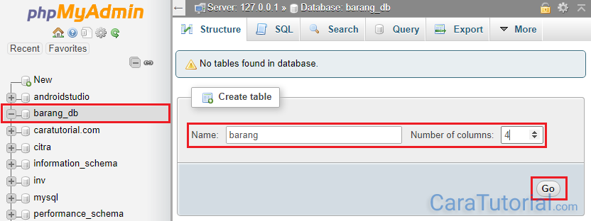 created tabel in database mysql xampp using phpmyadmin