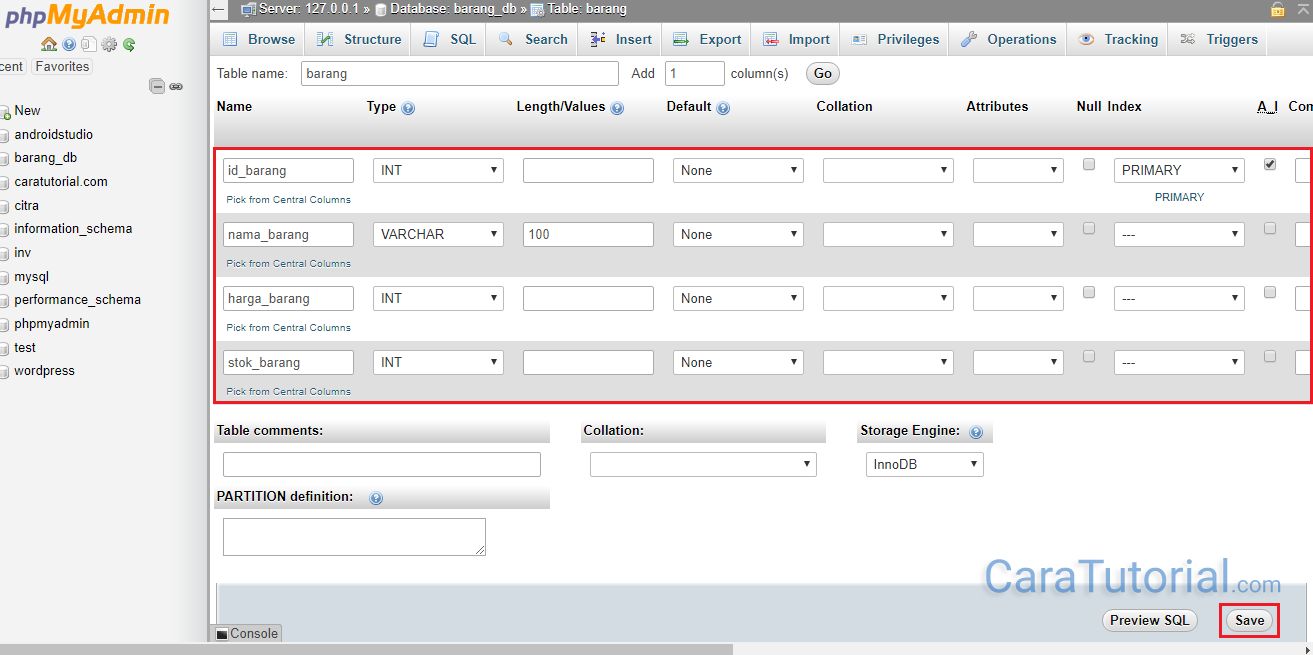 created tabel in database mysql xampp using phpmyadmin