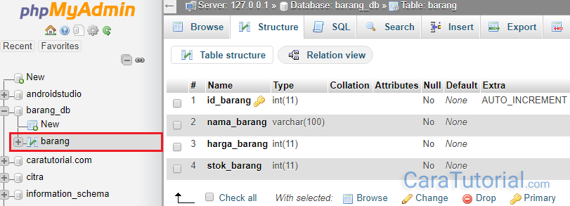 created tabel in database mysql xampp using phpmyadmin